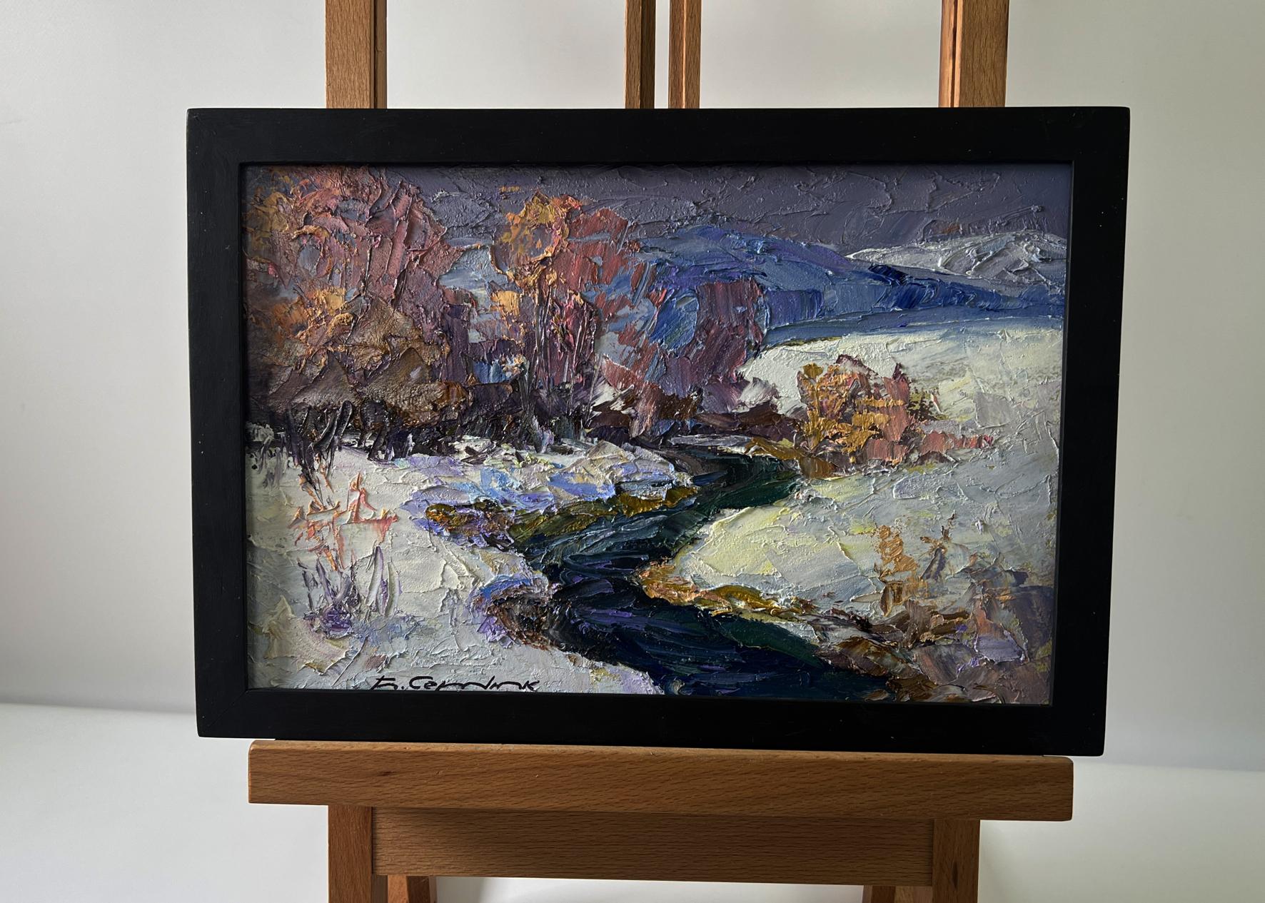 Oil painting Winter stream by Boris Serdyuk, snowy landscape in black frame