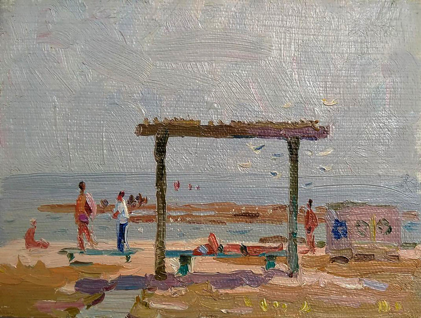 Oil painting of wooden torii gate near river by Yury Konovalov