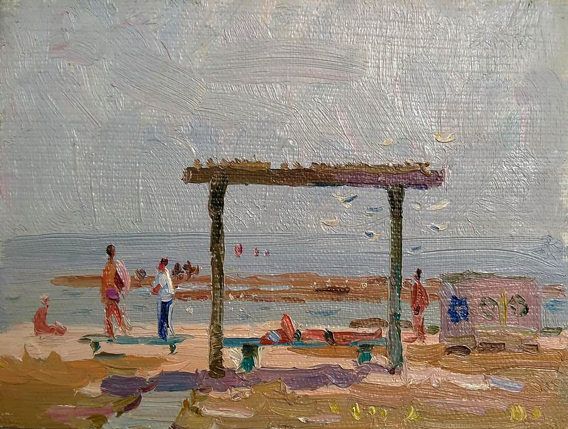 Oil painting of wooden torii gate near river by Yury Konovalov