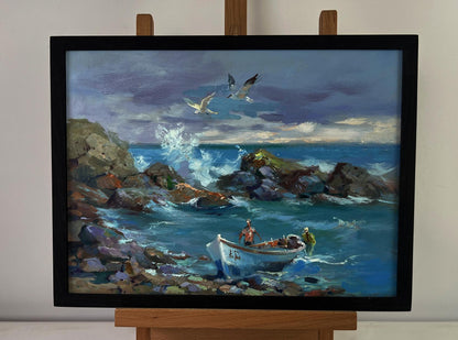 Framed oil painting of seagulls over stormy sea by Yuriy Suprunchuk