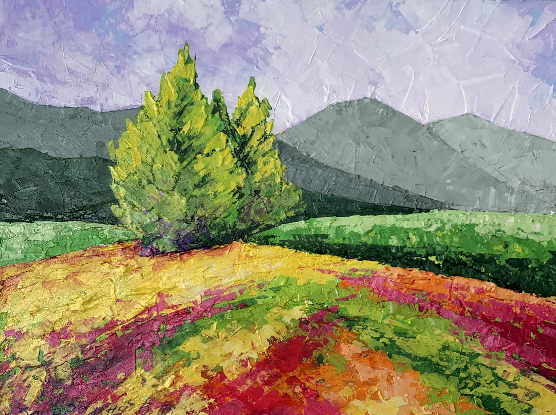 Vibrant oil painting Road to the mountains by V. Zadorozhnya with green tree