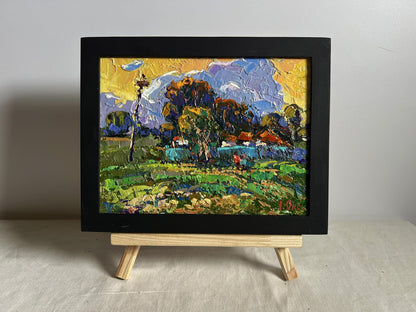 Oil painting Gardening in the village by Oksana Ivanyuk in black frame