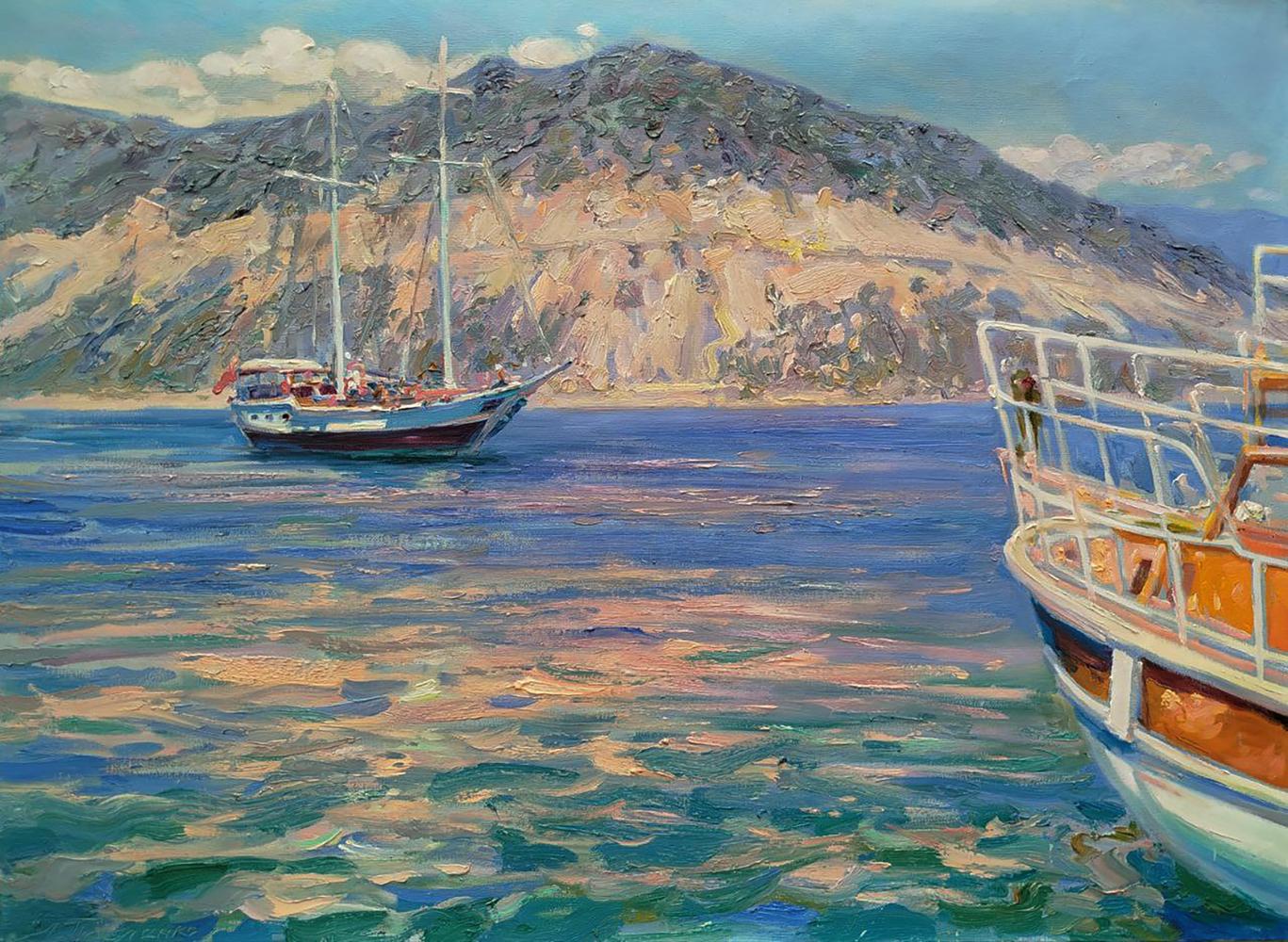 Oil painting of sunny beach sailboat by Leonid Pavlenko