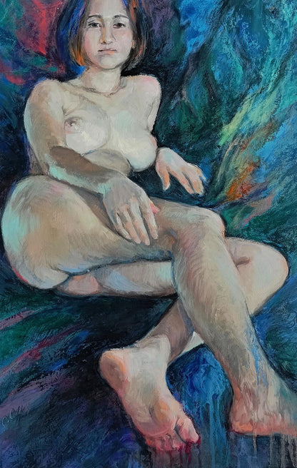 Pastel oil painting of figure mermaid-like girl by Oksana Osnach