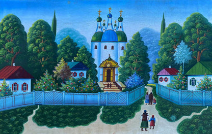 Vibrant oil painting of white church with blue domes amid green trees, Sunday trip to church