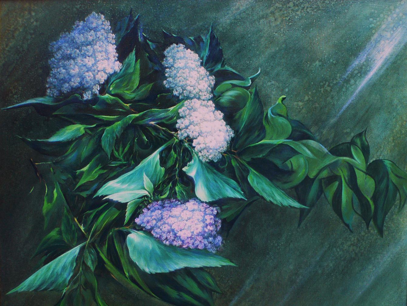Oil painting of colorful lilac hydrangeas by Vasily Korkishko