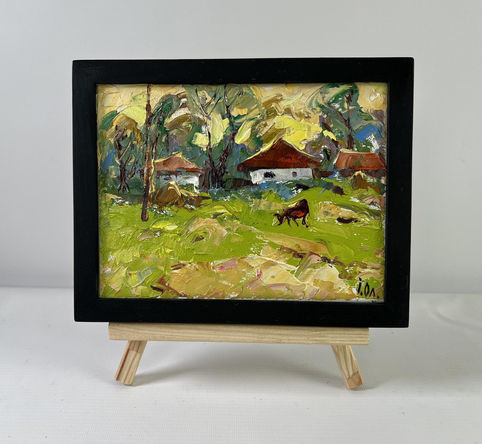 Framed miniature Oil painting Whispers of the Morning by Oleksiy Ivanyuk, rustic village scene