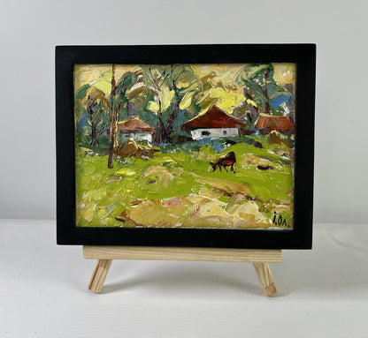 Framed miniature Oil painting Whispers of the Morning by Oleksiy Ivanyuk, rustic village scene