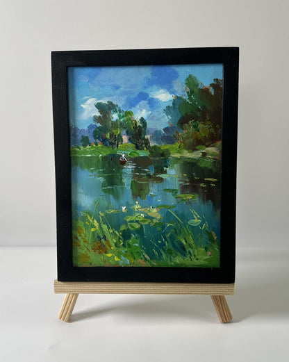 Framed impressionist oil painting of forest river lake by Yuriy Suprunchuk