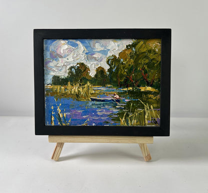 Oil painting A boat ride along the river by Oleksiy Ivanyuk lakeside scene