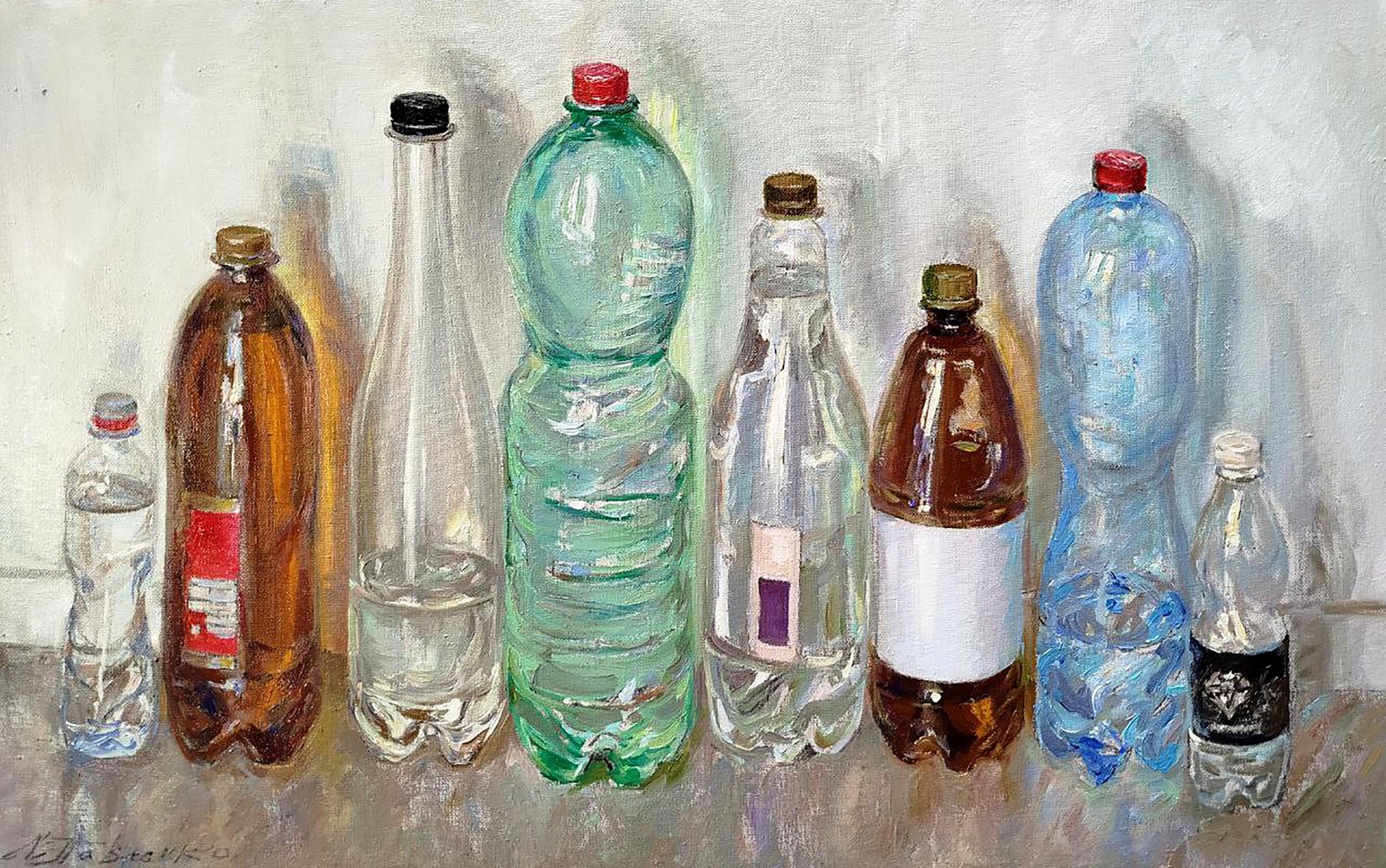 Oil painting of colorful plastic water bottles by Leonid Pavlenko