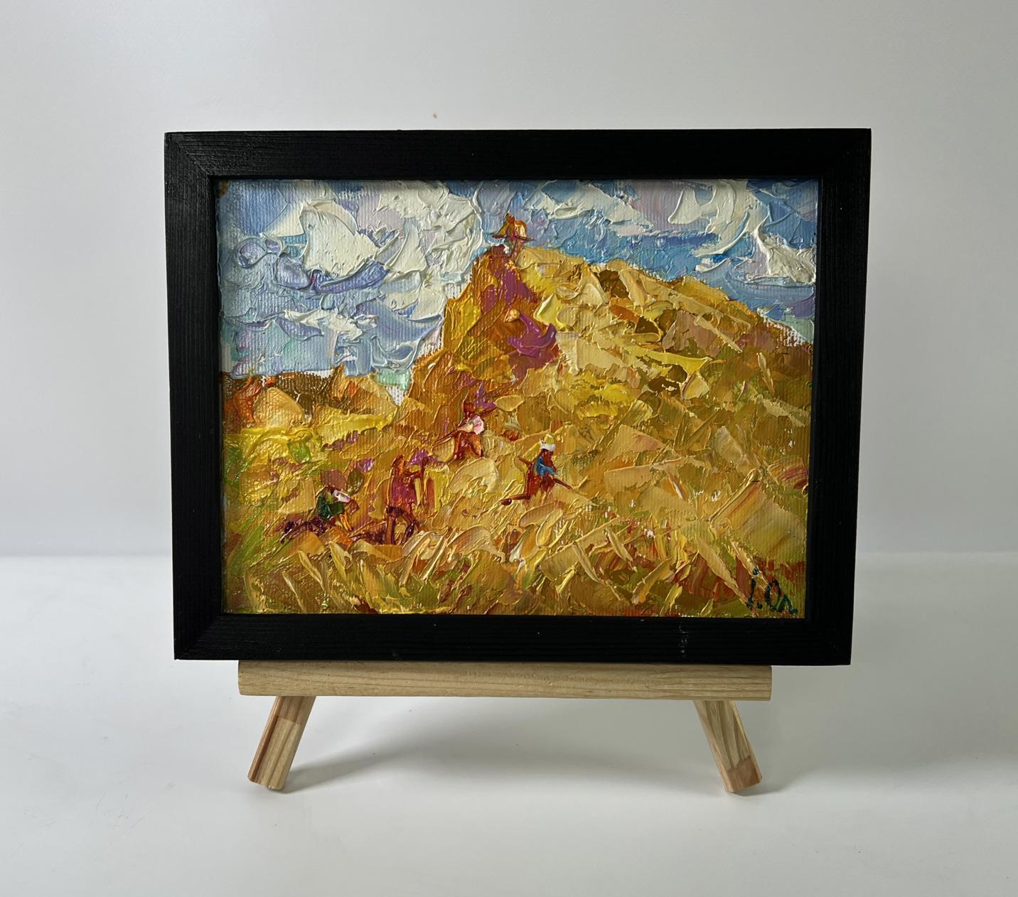 Oil painting Daytime haymaking by Oleksiy Ivanyuk in black frame on easel