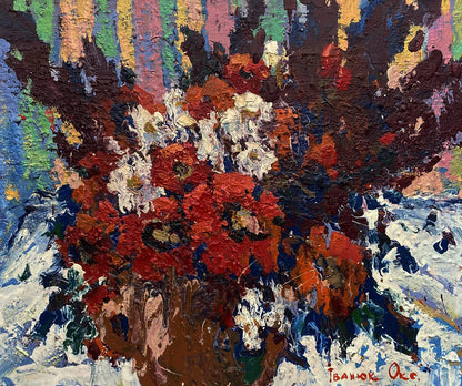 Oil painting Morning bouquet of poppies by Oksana Ivanyuk vibrant red and white flowers in textured vase