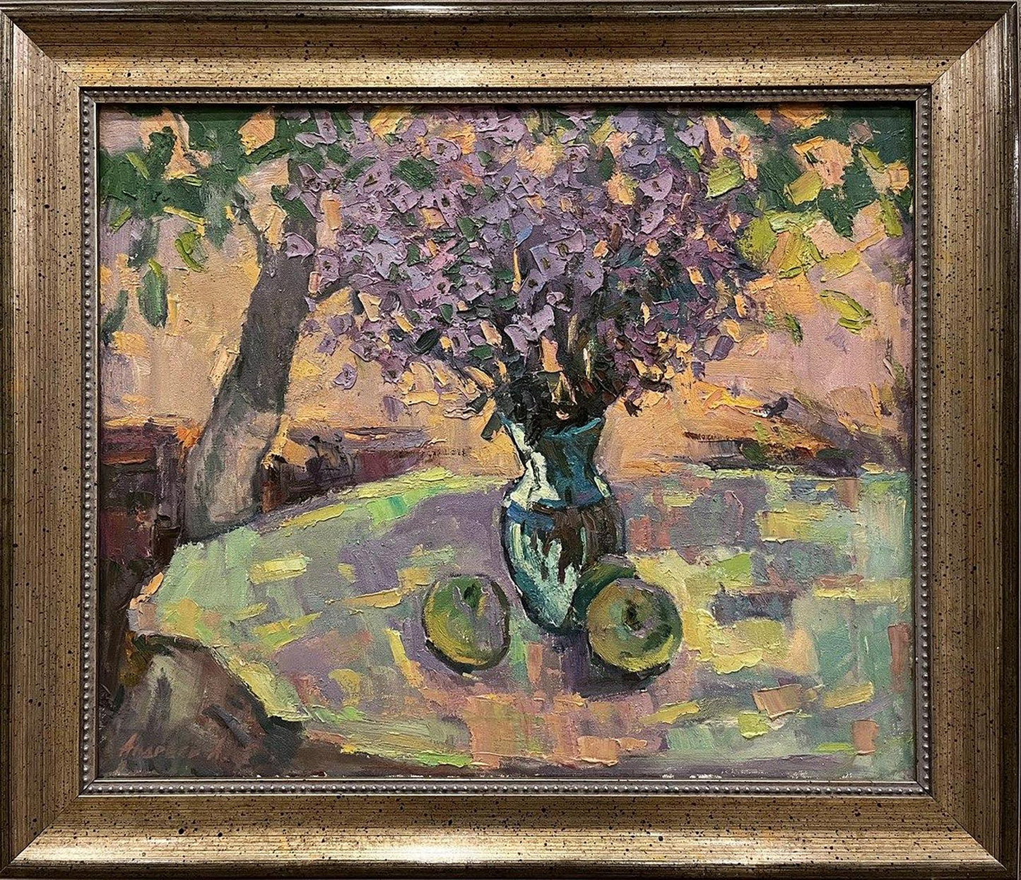 Vibrant impressionist oil painting Summer bouquet Oleksandr Andreev lilacs vase