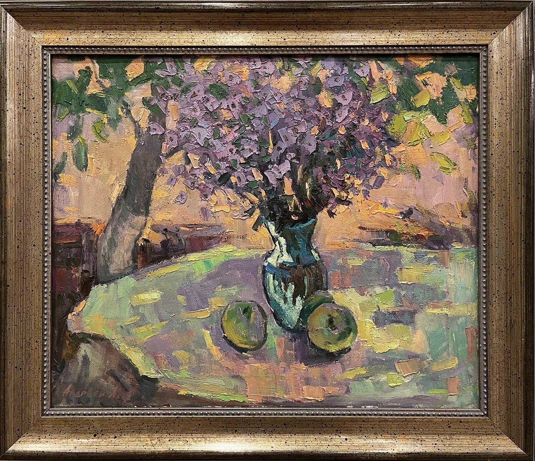 Vibrant impressionist oil painting Summer bouquet Oleksandr Andreev lilacs vase