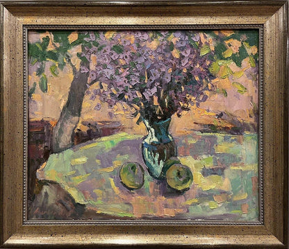 Vibrant impressionist oil painting Summer bouquet Oleksandr Andreev lilacs vase