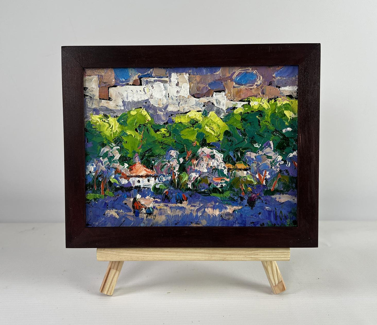 Vibrant Oleksiy Ivanyuk oil painting of village in dark wooden frame