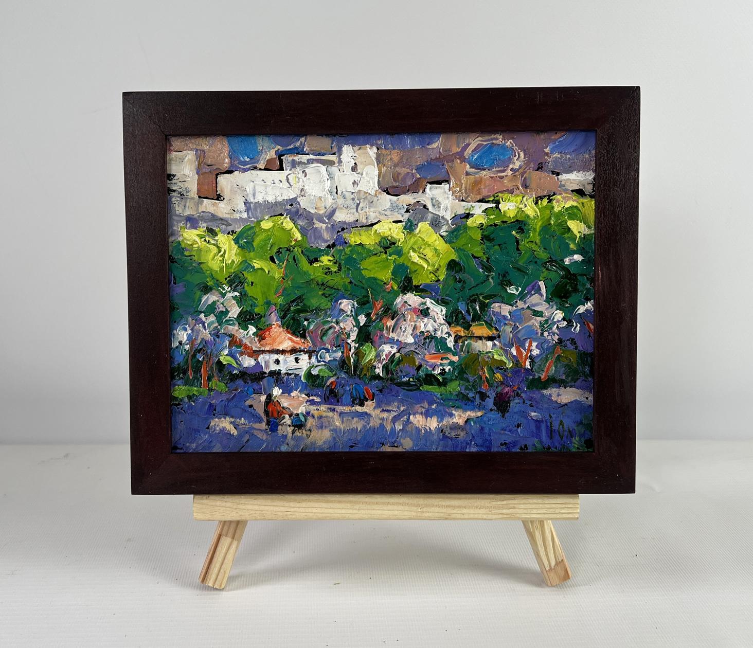 Vibrant Oleksiy Ivanyuk oil painting of village in dark wooden frame