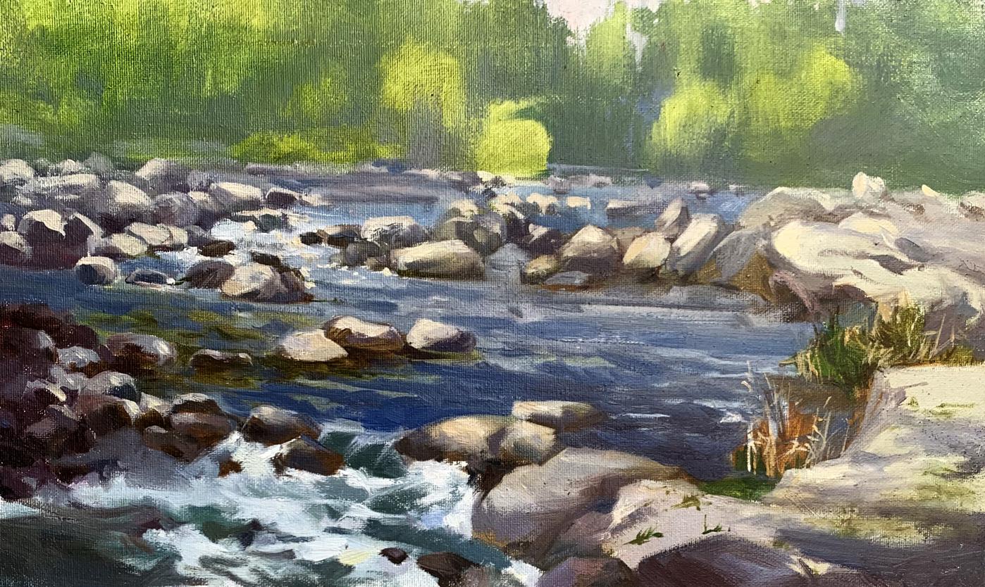 Serene oil painting Threshold to a dream by Tatyana Derdey with flowing river