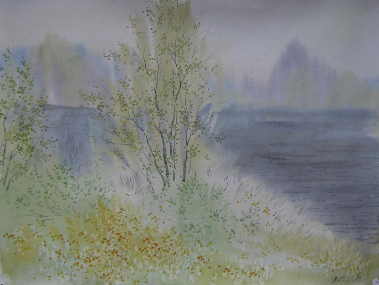Watercolor Spring River Fog painting by Valery Savenets misty landscape