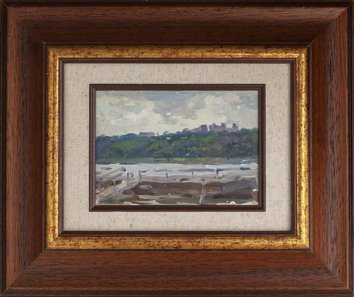 Oil painting City Pier by Yury Konovalov in dark wood frame