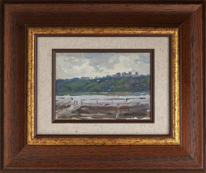 Oil painting City Pier by Yury Konovalov in dark wood frame