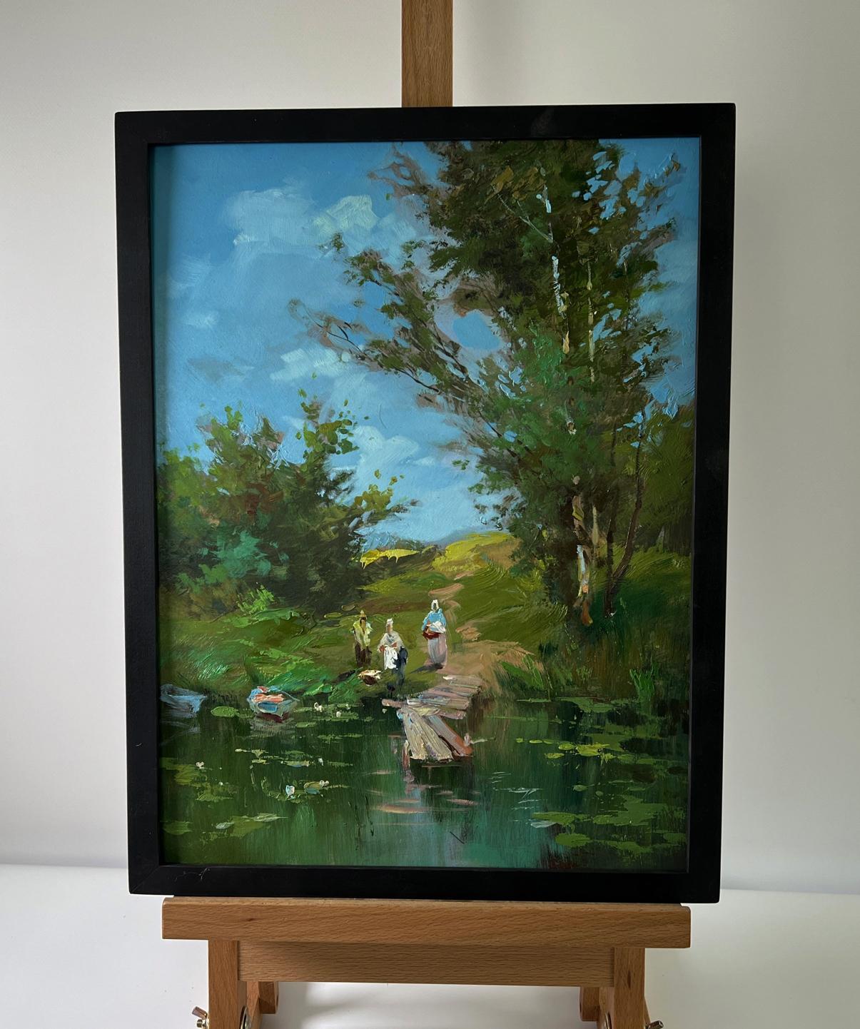 Oil painting At the Village Shore by Yuriy Suprunchuk in black frame