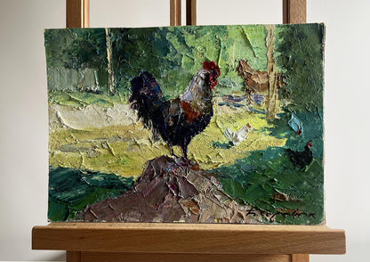 Oil painting Master of the Yard by Boris Serdyuk: black rooster in lush green yard