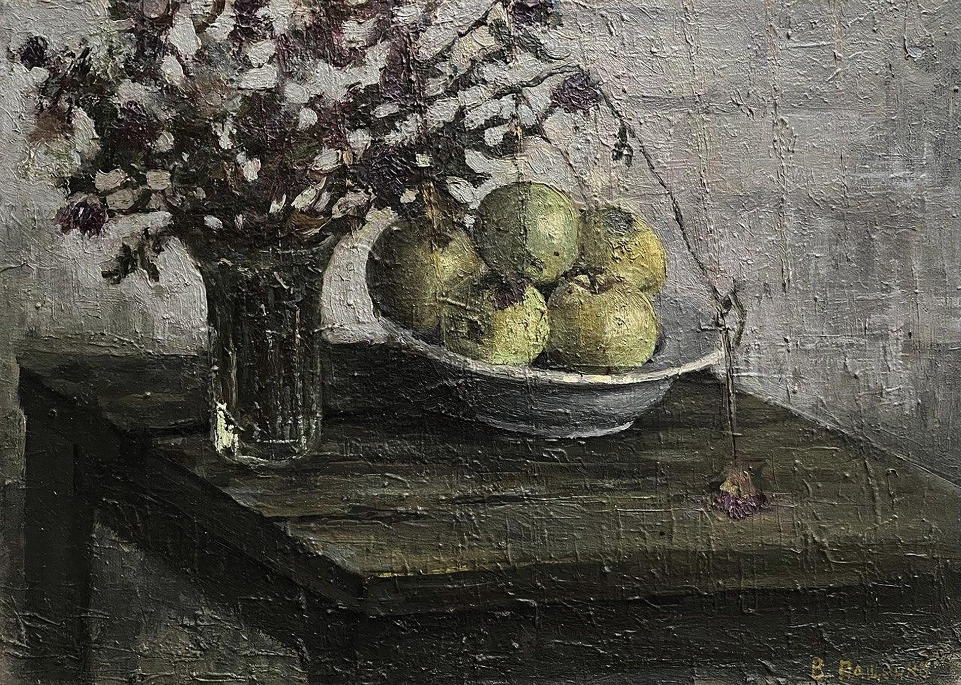Oil painting by Volodymyr Pashchenko: muted green bowl of textured apples