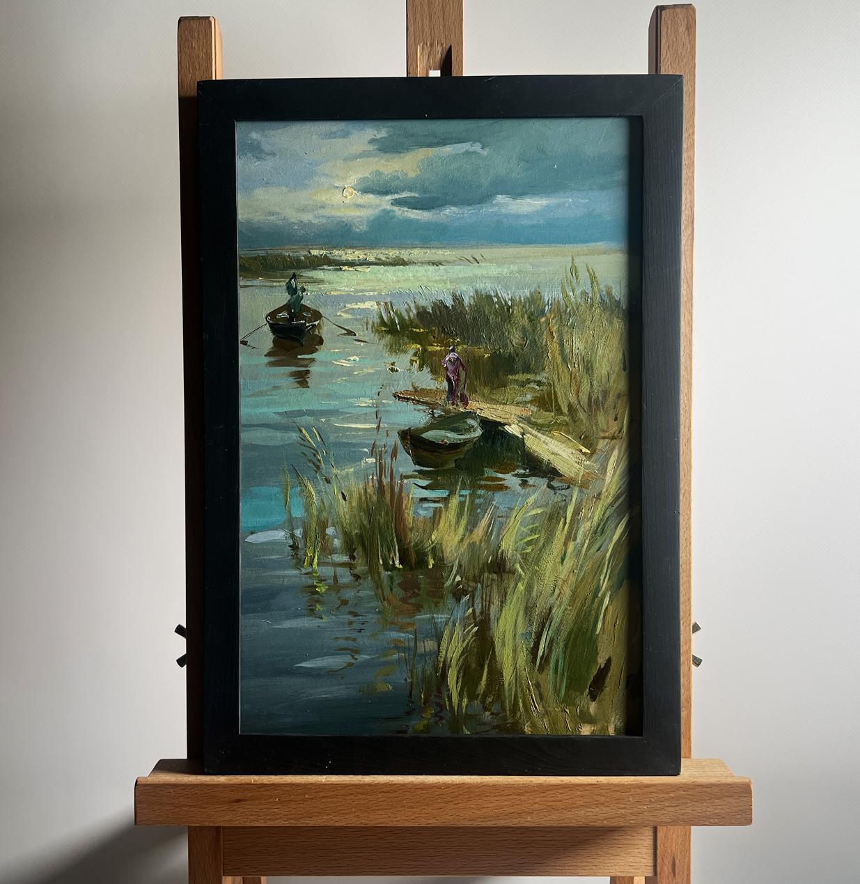 Framed oil painting Seeing off the Sunset by Yuriy Suprunchuk, serene waterside boats