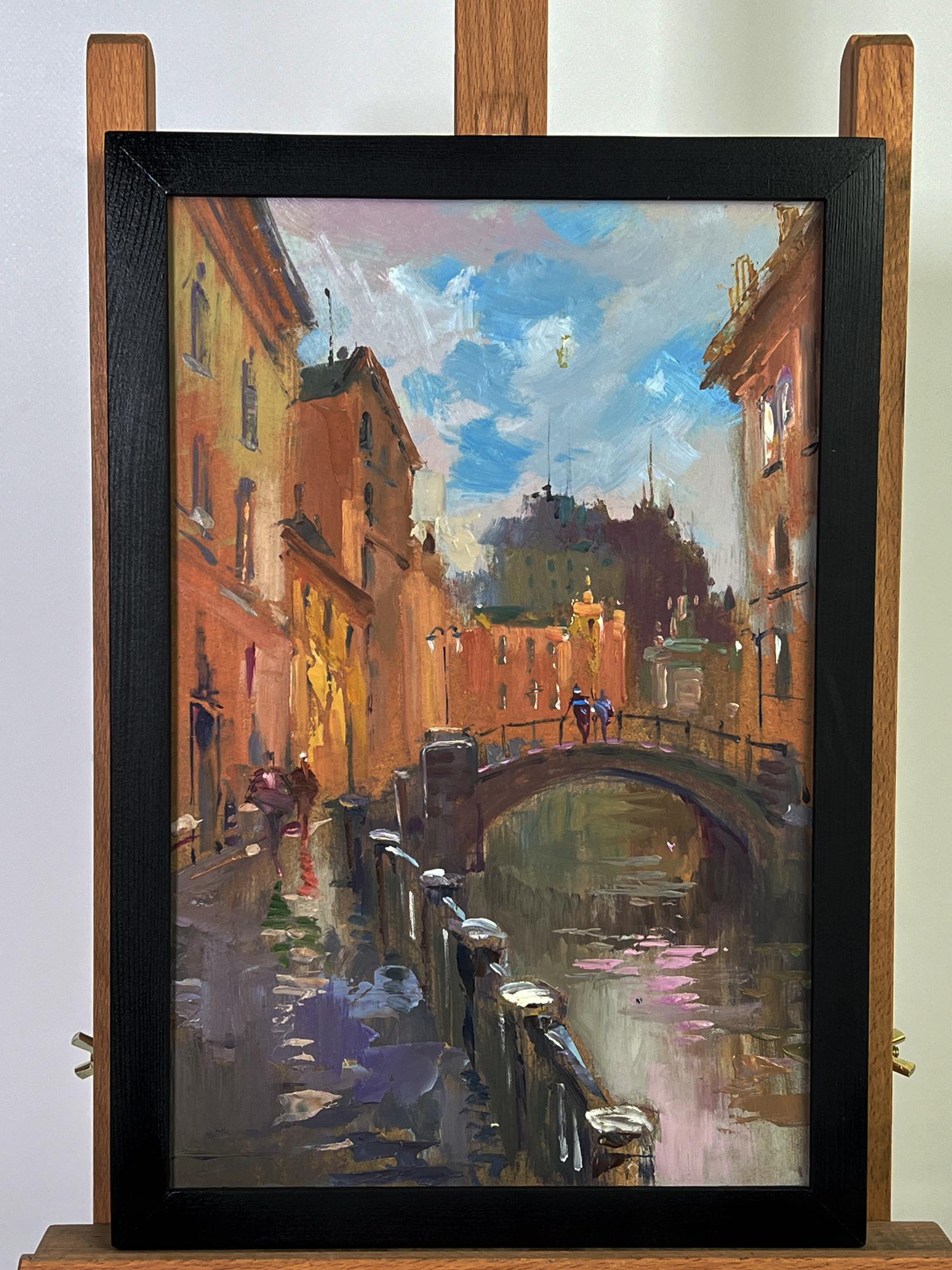 Framed oil painting by Yuriy Suprunchuk: sunlit canal, bridge, reflections