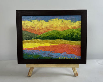 Oil painting Fiery sunset behind mountains by V. Zadorozhnya in black frame