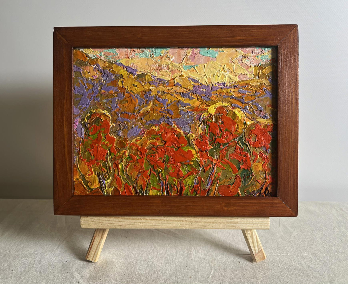 Oil painting Autumn Crimson by Oleksiy Ivanyuk with poppies and hills