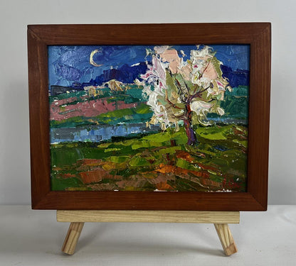 Oil painting Wild pear near the river by Oksana Ivanyuk moonlit landscape