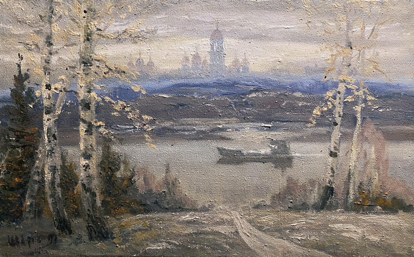 Misty oil painting On the River Bank by Anatoly Shariy with birch trees