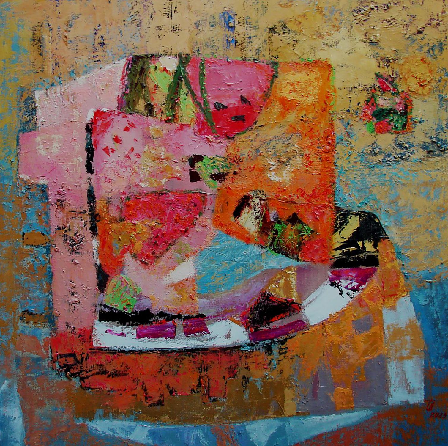 Oil painting Barbie Dreams by Tatyana Shulyak vibrant pink orange blue on gold