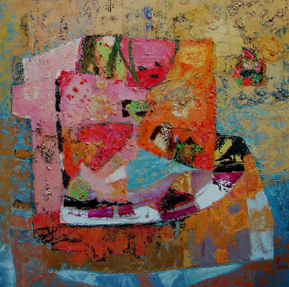 Oil painting Barbie Dreams by Tatyana Shulyak vibrant pink orange blue on gold