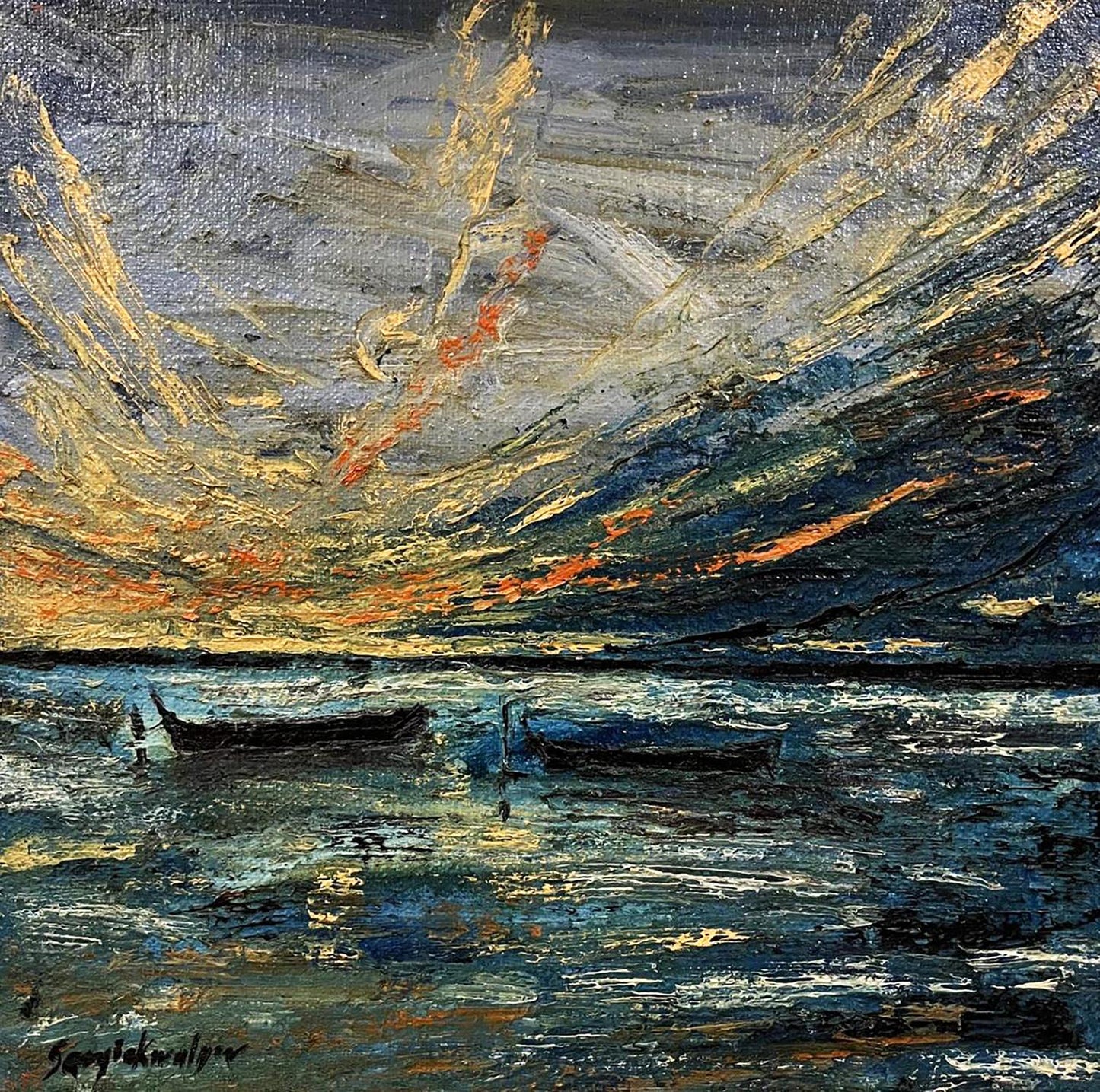 Oil painting Boats in the Sea by Serhiy Kovalev, turbulent waters dramatic sky