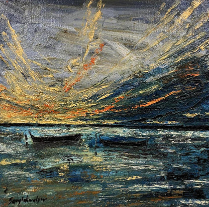 Oil painting Boats in the Sea by Serhiy Kovalev, turbulent waters dramatic sky
