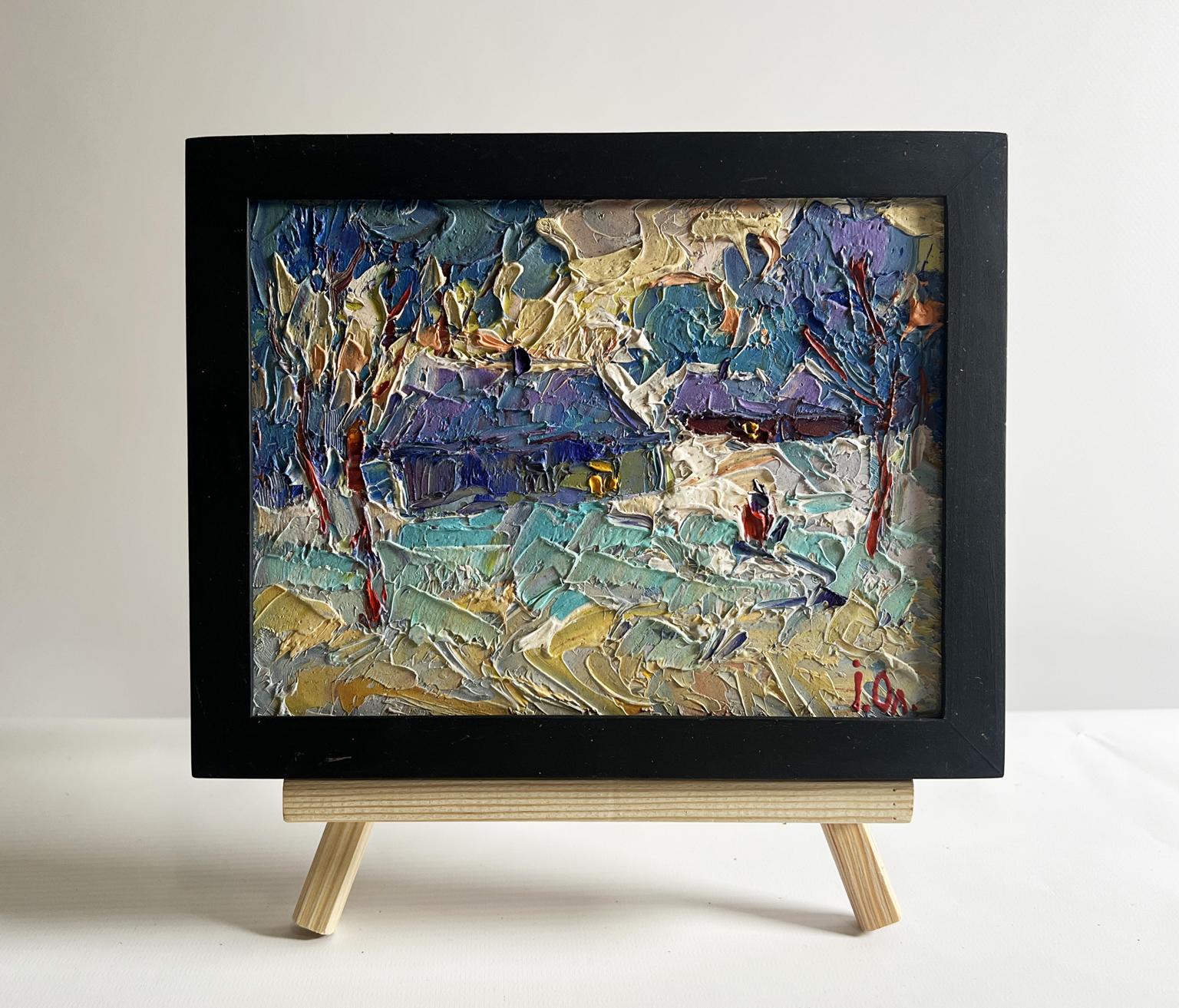 Oil painting Evening on the edge of the village by Oleksiy Ivanyuk, textured winter landscape in black frame