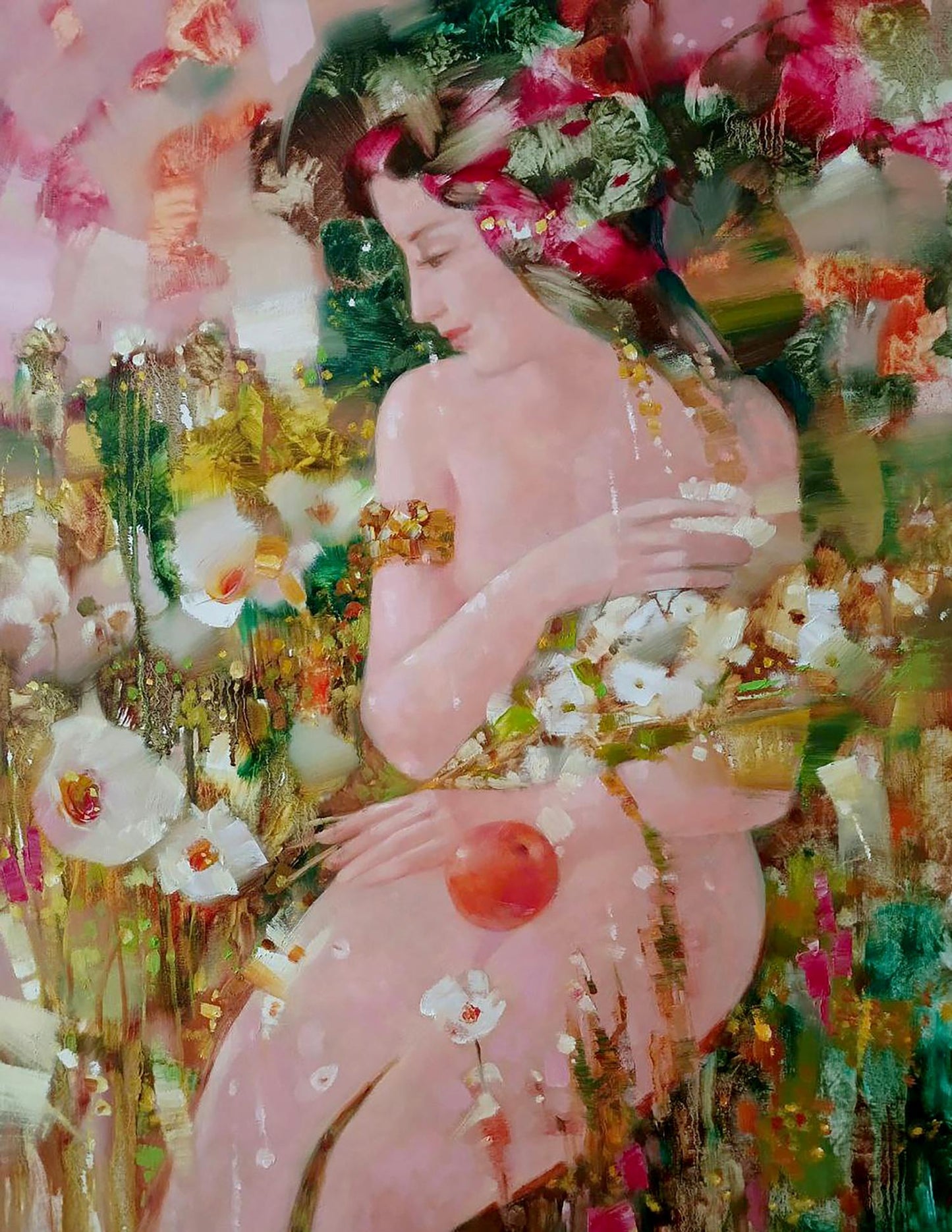 Abstract oil painting Eve by Anatoly Tarabanov: nude woman in flowers