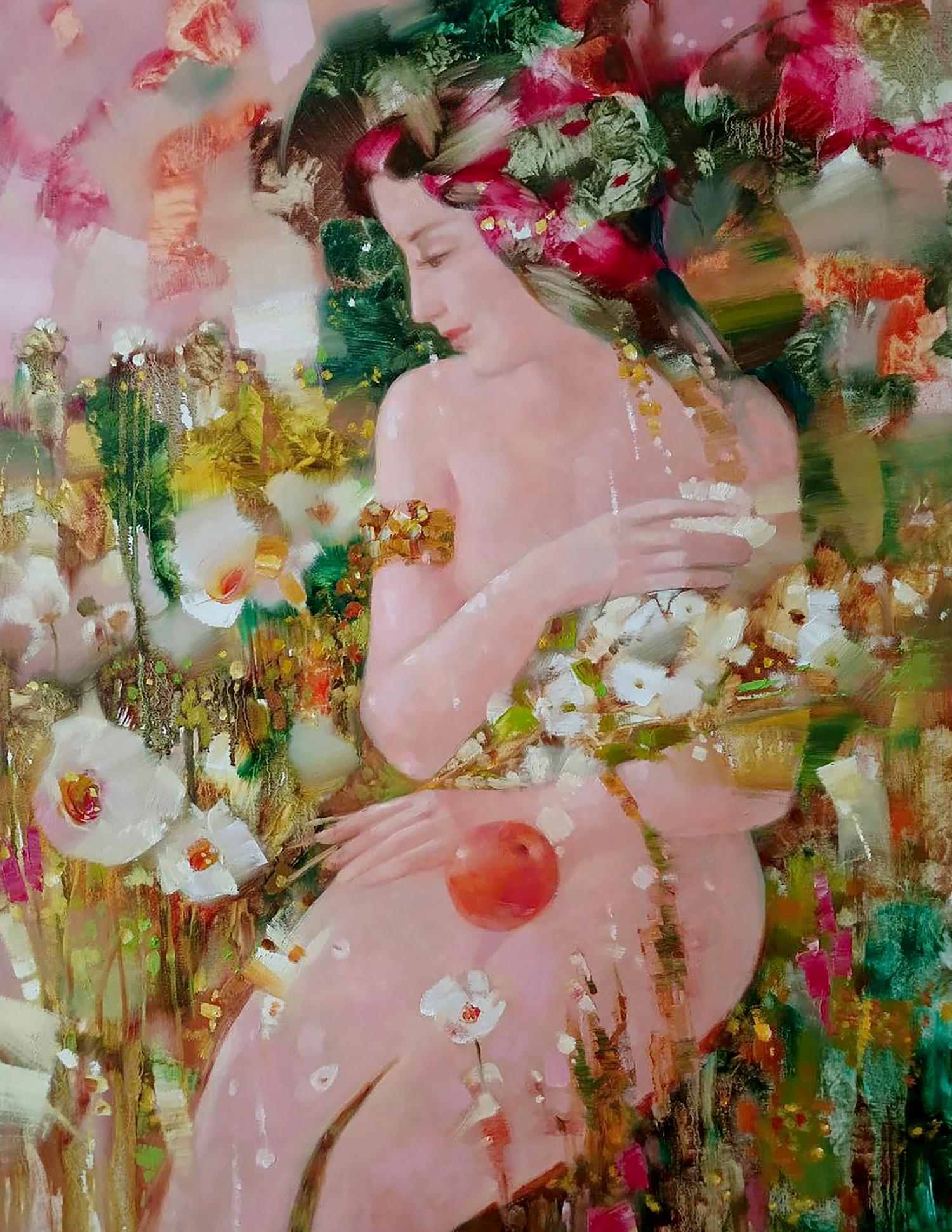 Abstract oil painting Eve by Anatoly Tarabanov: nude woman in flowers