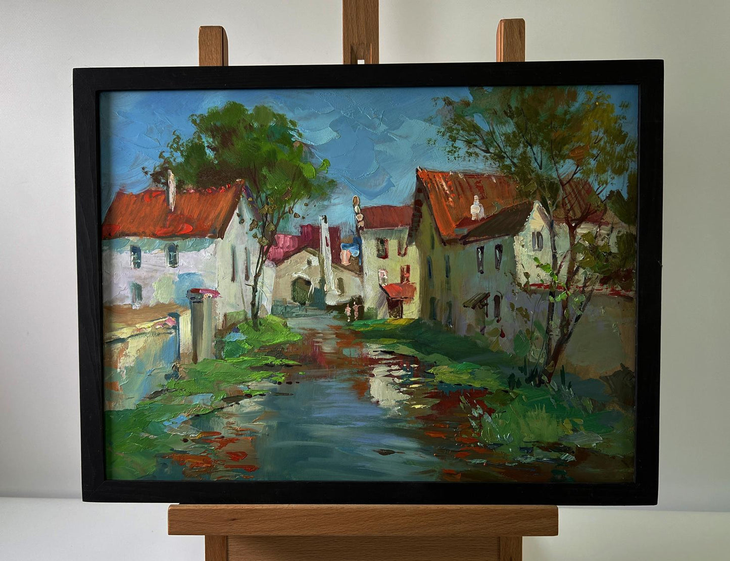 Oil painting Village stream by Yuriy Suprunchuk quaint village scene
