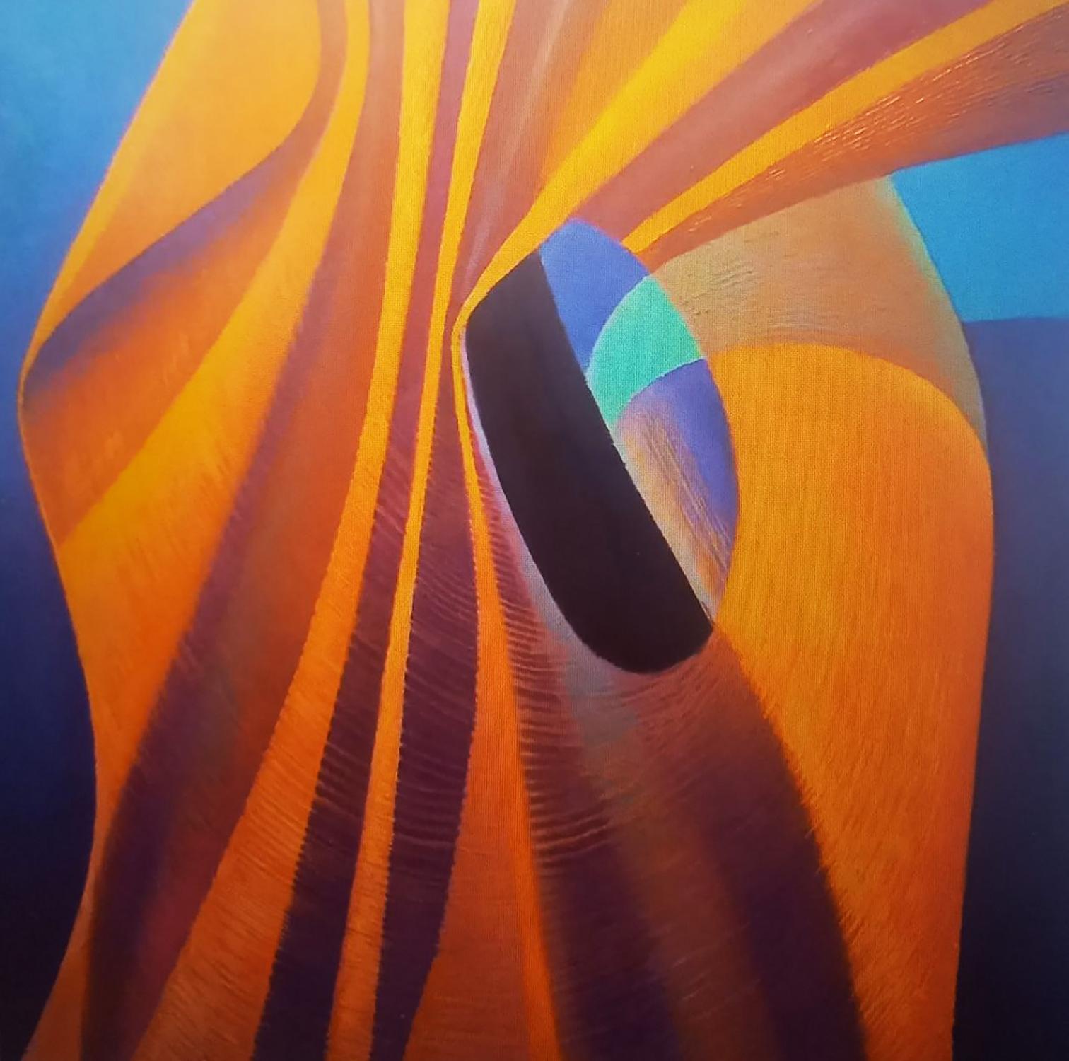 Vibrant oil painting by Alexander Strashevich: orange yellow wavy stripes to teal geometric shape