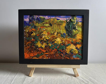 Oil painting The edge of a plowed field by Oleksiy Ivanyuk, vibrant autumn landscape in black frame