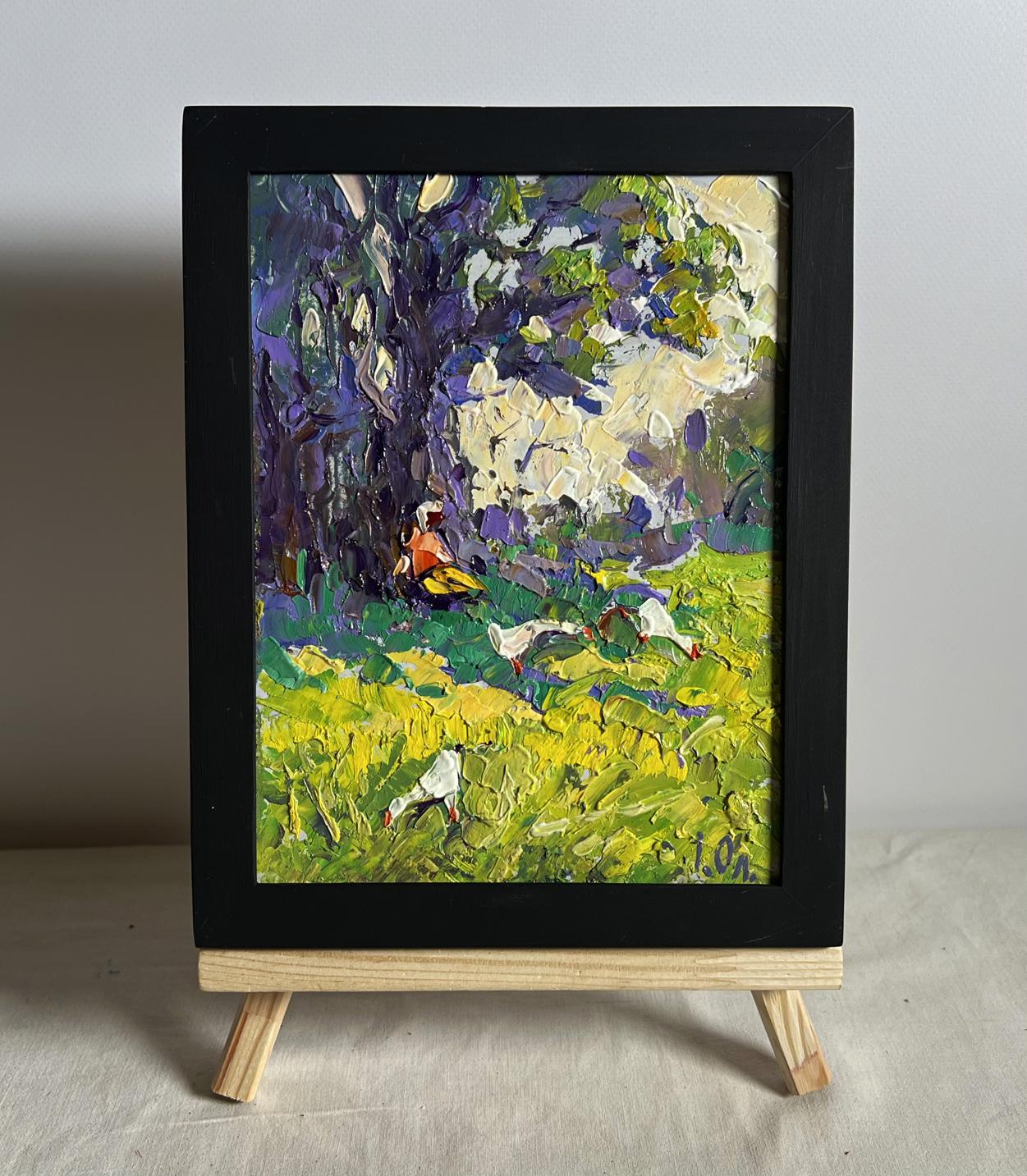 Oil painting Relaxing in the meadow by Oleksiy Ivanyuk in black frame