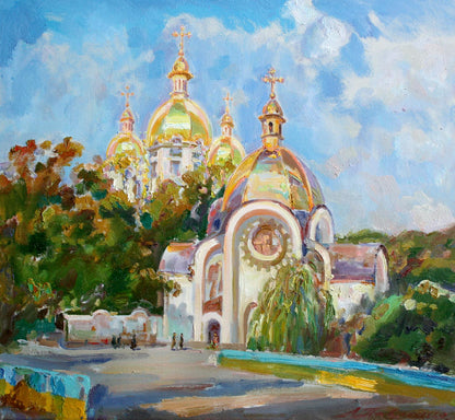 Oil painting of Church in the city by Leonid Pavlenko, golden domes