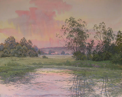 Watercolor sunset over river by Valery Savenets serene pond reflection