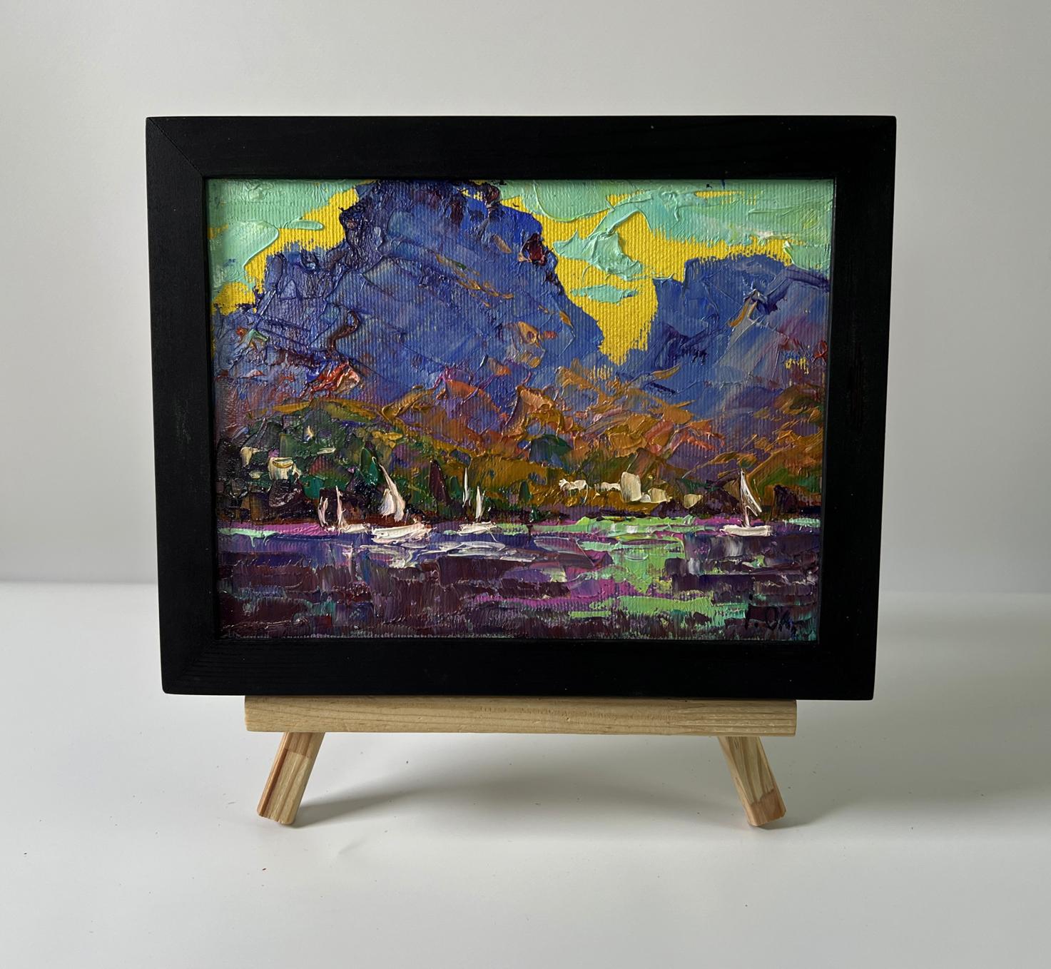 Oil painting River Silence on Boats by Oleksiy Ivanyuk in black frame