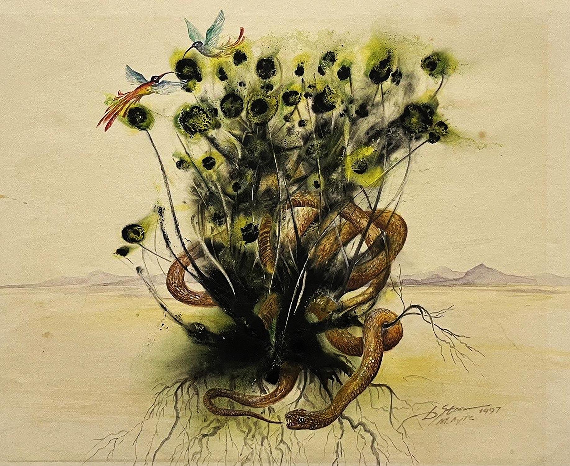 Surreal watercolor painting Desert Dwellers by Dmytro Startsev: fantastical plant with black blooms, snakes in desert